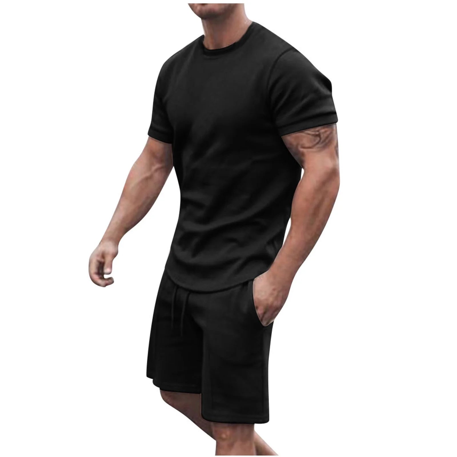 Men'S Short Sleeve T-Shirt and Shorts Set Sport Casual Crew Neck Muscle Sportswear 2 Piece Tracksuit Summer Outfits