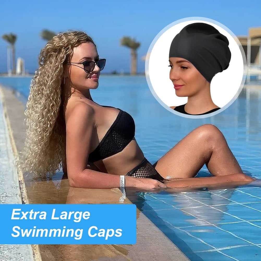 2 PCS Swimming Cap for Long Hair, Extra Large Swimming Caps for Women & Men, Silicone Adult Swim Cap, Waterproof Swimming Hat for Dreadlocks, Weaves, Hair Extensions, Braids, Afros