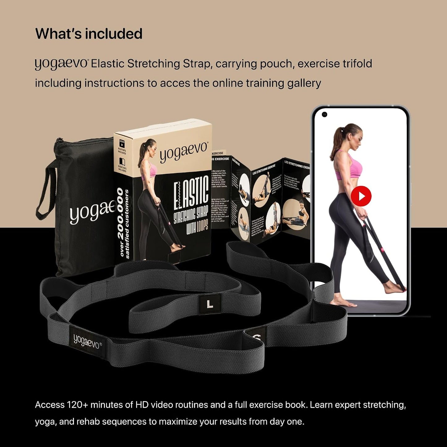 Yogaevo Stretching Strap with Loops for Physical Therapy — Yoga Strap & Resistance Band in One — Flexibility & Back Recovery — HD Video Routines Included