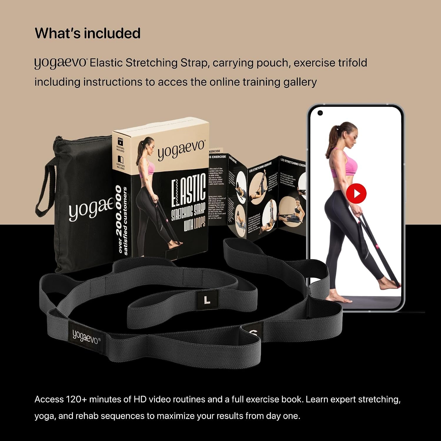 Yogaevo Stretching Strap with Loops for Physical Therapy — Yoga Strap & Resistance Band in One — Flexibility & Back Recovery — HD Video Routines Included