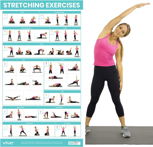 Workout Posters for Home Gym - 52 Streching Exercises Full Body Workout - Laminated Pre Post Routines Wall Chart - Bodyweight Poses Instruction Guide for Core, Abs, Legs, Glutes, Upper Body