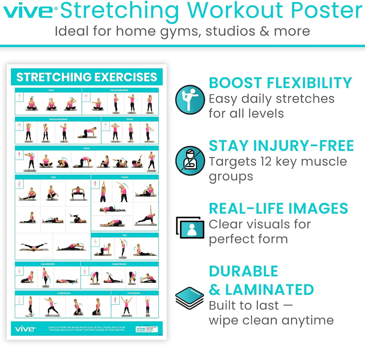 Workout Posters for Home Gym - 52 Streching Exercises Full Body Workout - Laminated Pre Post Routines Wall Chart - Bodyweight Poses Instruction Guide for Core, Abs, Legs, Glutes, Upper Body