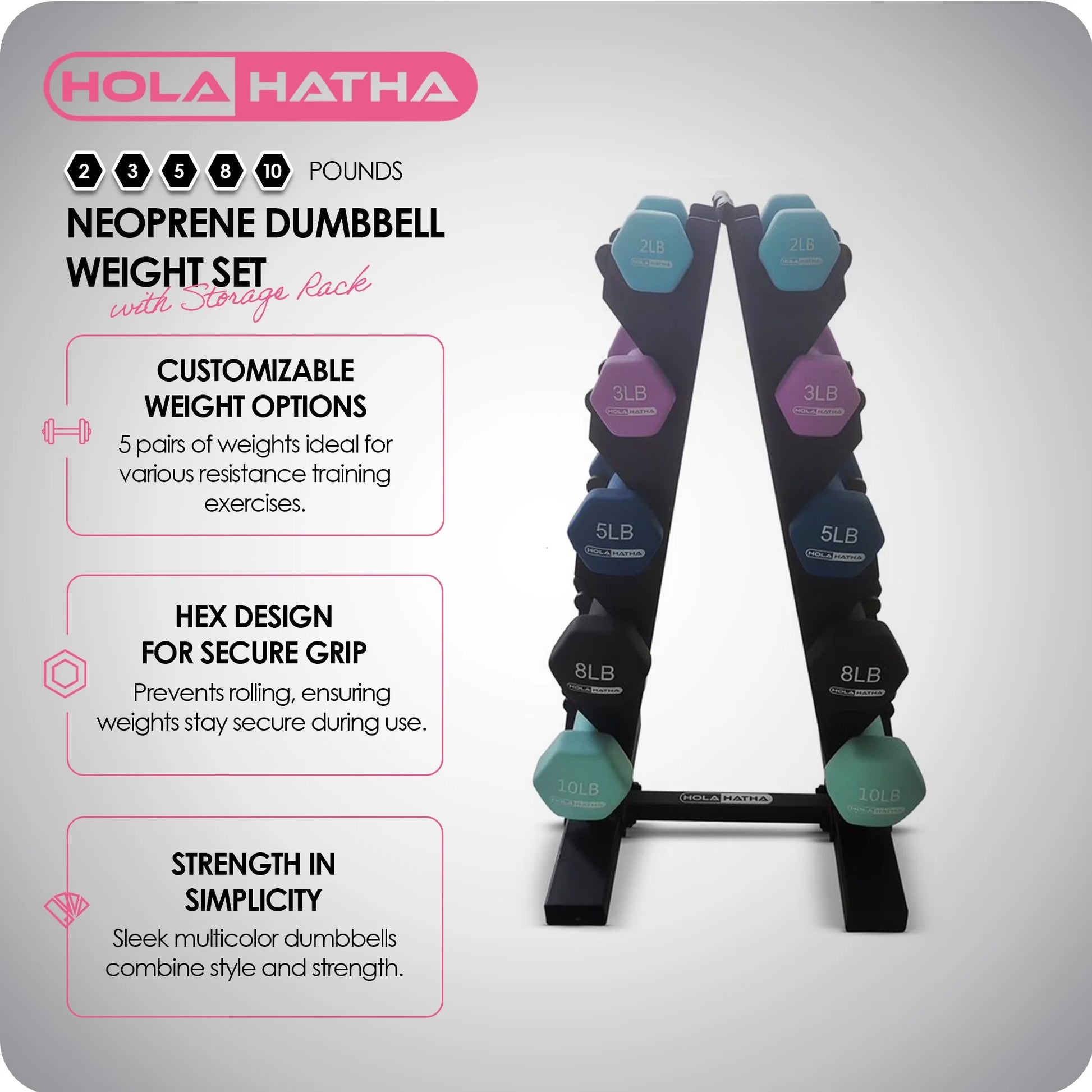 2, 3, 5, 8, & 10 Lb Neoprene Dumbbell Weight Set W/ Rack, Pastel