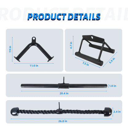 Tricep Press down Cable Attachment Set – Heavy Duty LAT Pulldown Accessories with V Handle, Rotating Bar, Tricep Rope, V-Shaped Bar for Home Gym