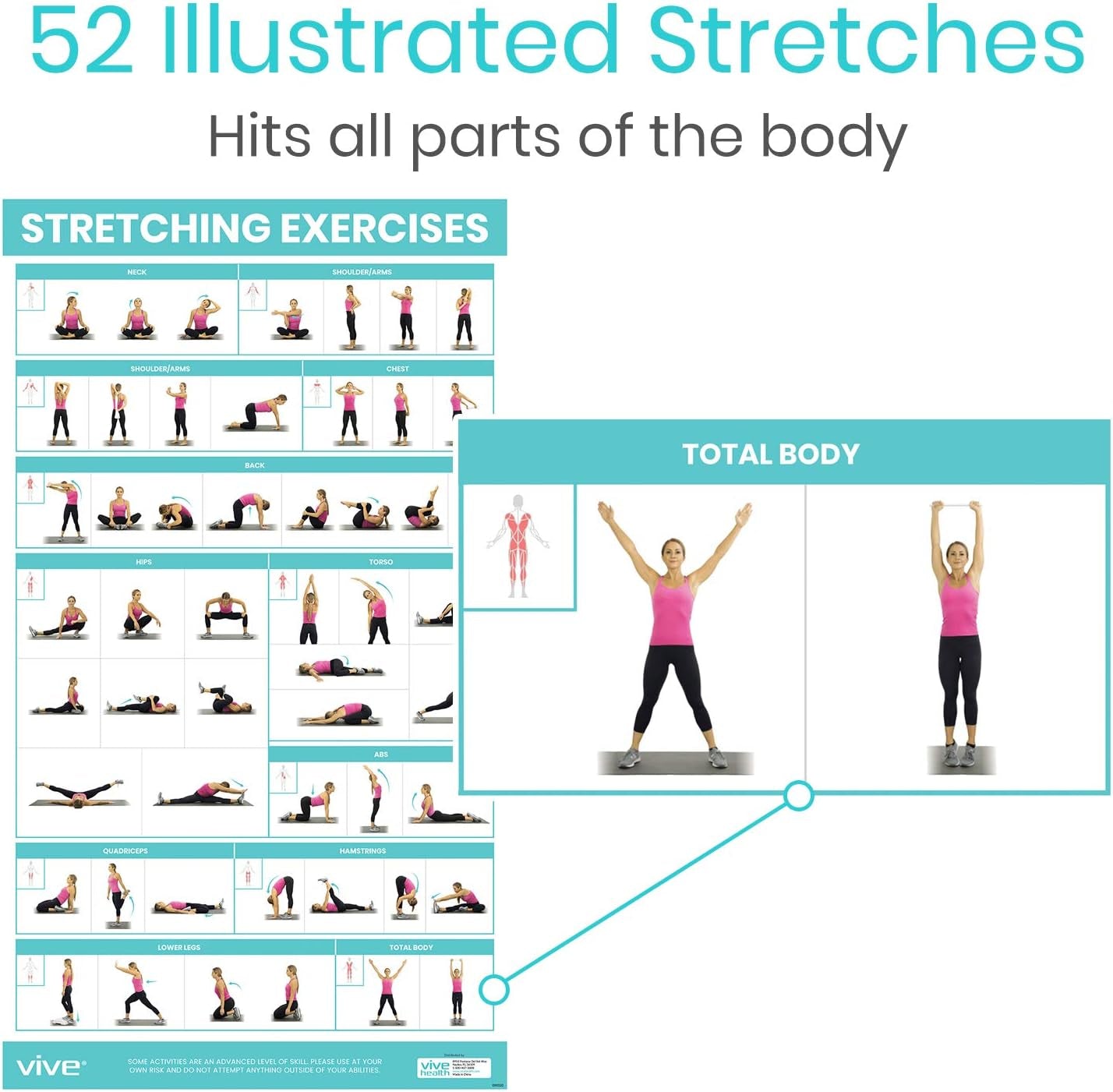 Workout Posters for Home Gym - 52 Streching Exercises Full Body Workout - Laminated Pre Post Routines Wall Chart - Bodyweight Poses Instruction Guide for Core, Abs, Legs, Glutes, Upper Body