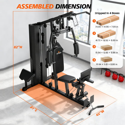 Home Gym Station, Workout Equipment with 154LBS Weight Stack, Leg Press and Preacher Curl Pad