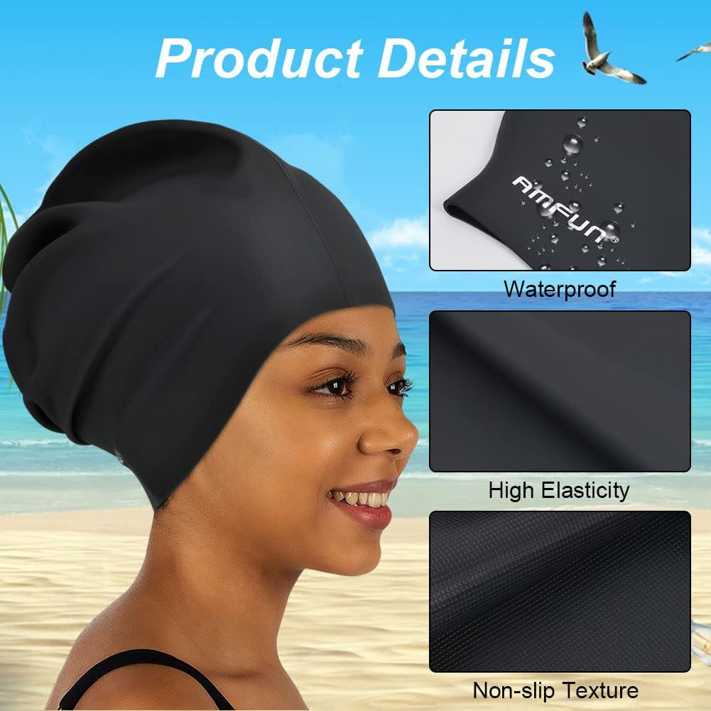 2 PCS Swimming Cap for Long Hair, Extra Large Swimming Caps for Women & Men, Silicone Adult Swim Cap, Waterproof Swimming Hat for Dreadlocks, Weaves, Hair Extensions, Braids, Afros