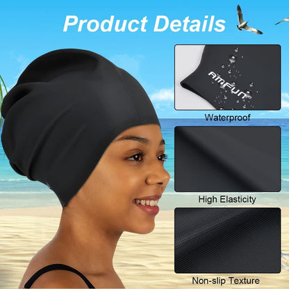 2 PCS Swimming Cap for Long Hair, Extra Large Swimming Caps for Women & Men, Silicone Adult Swim Cap, Waterproof Swimming Hat for Dreadlocks, Weaves, Hair Extensions, Braids, Afros
