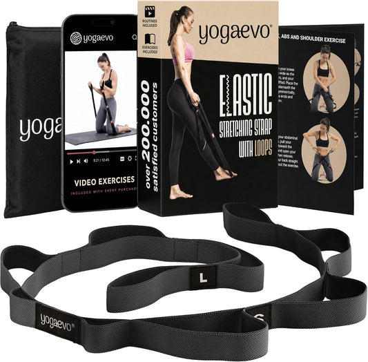 Yogaevo Stretching Strap with Loops for Physical Therapy — Yoga Strap & Resistance Band in One — Flexibility & Back Recovery — HD Video Routines Included