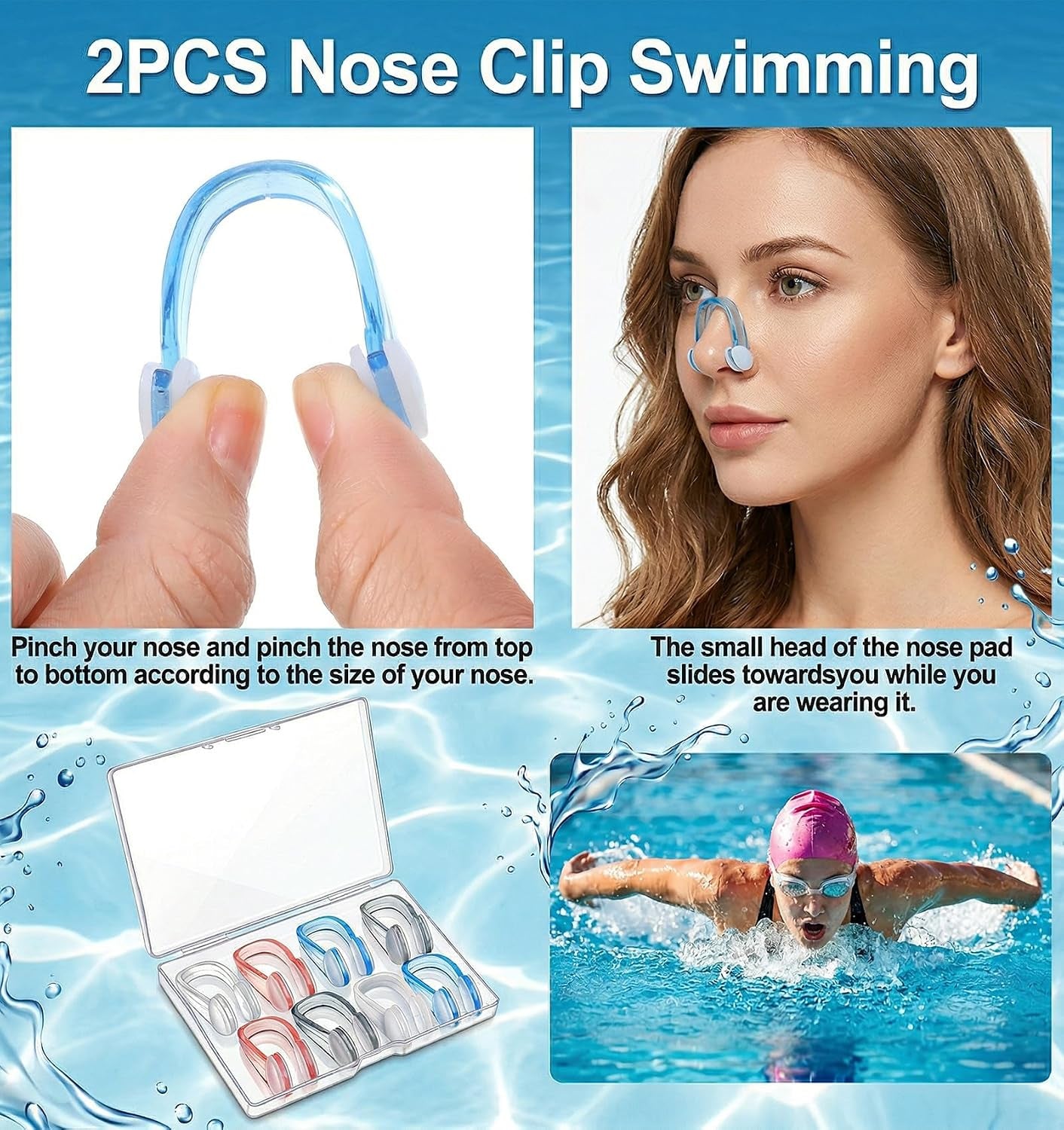 2PCS Swimming Nose Clips Adult, Soft Silicone Waterproof Nose Plugs with Storage Cases, Non-Slip & Comfortable Fit for Adults (Blue, Pink)