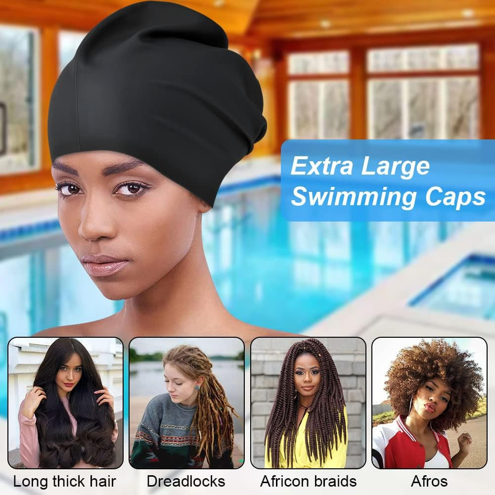 2 PCS Swimming Cap for Long Hair, Extra Large Swimming Caps for Women & Men, Silicone Adult Swim Cap, Waterproof Swimming Hat for Dreadlocks, Weaves, Hair Extensions, Braids, Afros
