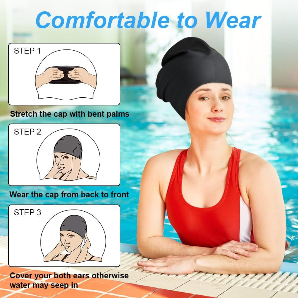 2 PCS Swimming Cap for Long Hair, Extra Large Swimming Caps for Women & Men, Silicone Adult Swim Cap, Waterproof Swimming Hat for Dreadlocks, Weaves, Hair Extensions, Braids, Afros