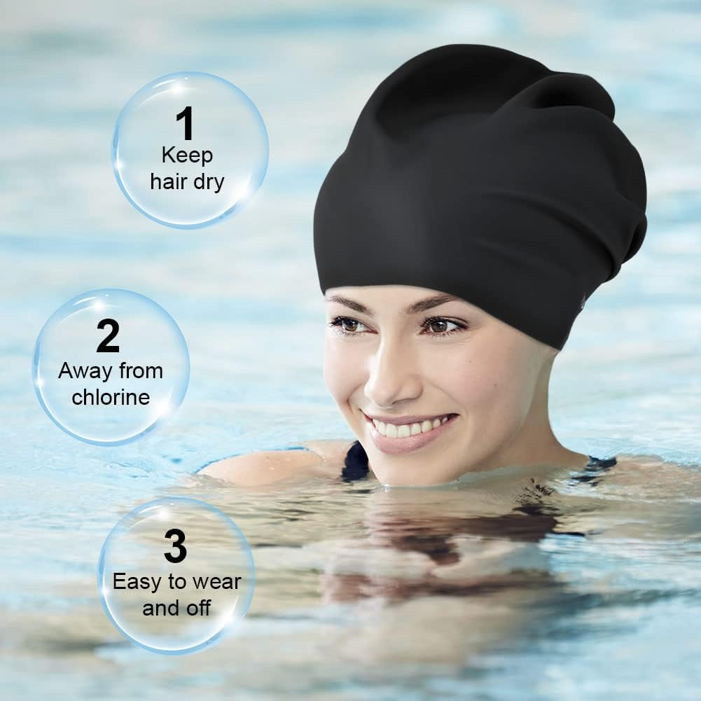 2 PCS Swimming Cap for Long Hair, Extra Large Swimming Caps for Women & Men, Silicone Adult Swim Cap, Waterproof Swimming Hat for Dreadlocks, Weaves, Hair Extensions, Braids, Afros