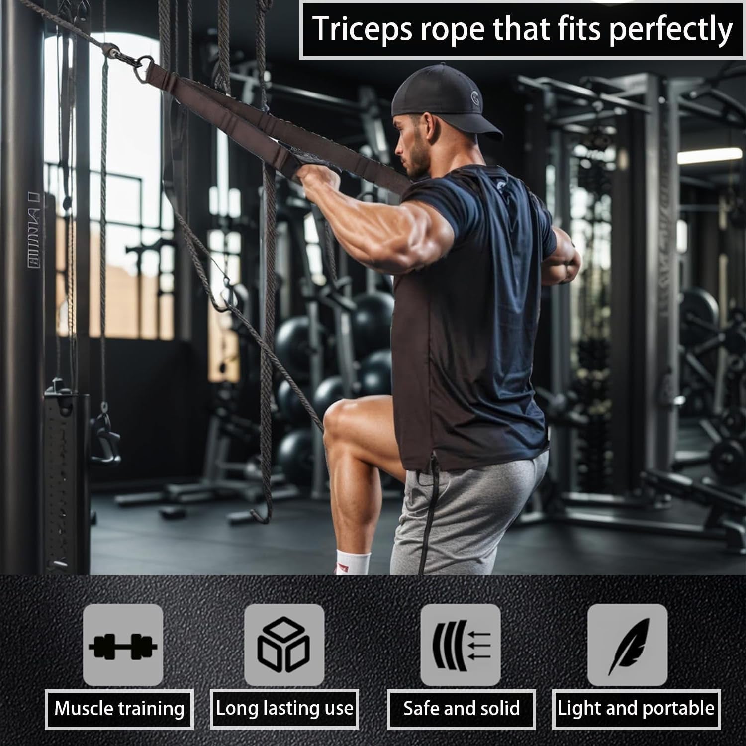 Tricep Rope, Tricep Pull down Attachment with Carry Bag, Tricep Rope Cable Attachment for Pull Downs, Strength Training, Arm Training, Facepulls and Perfect for Professional Gym