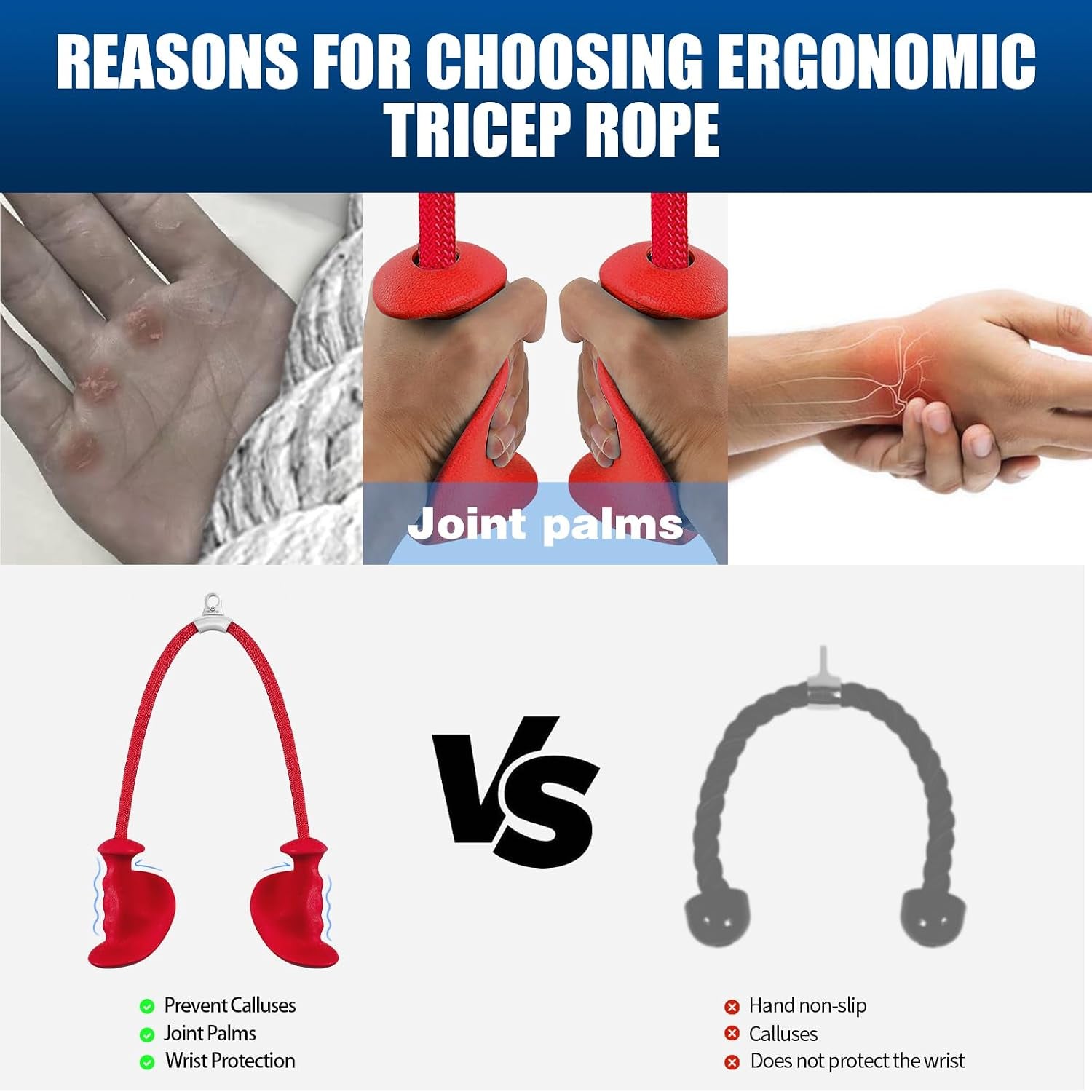 Tricep Rope with Ergonomic Handles, 36 Inch Tricep Pull down Rope for Cable Machine, Pulley System, Triceps Rope Cable Attachment for Gym, Home